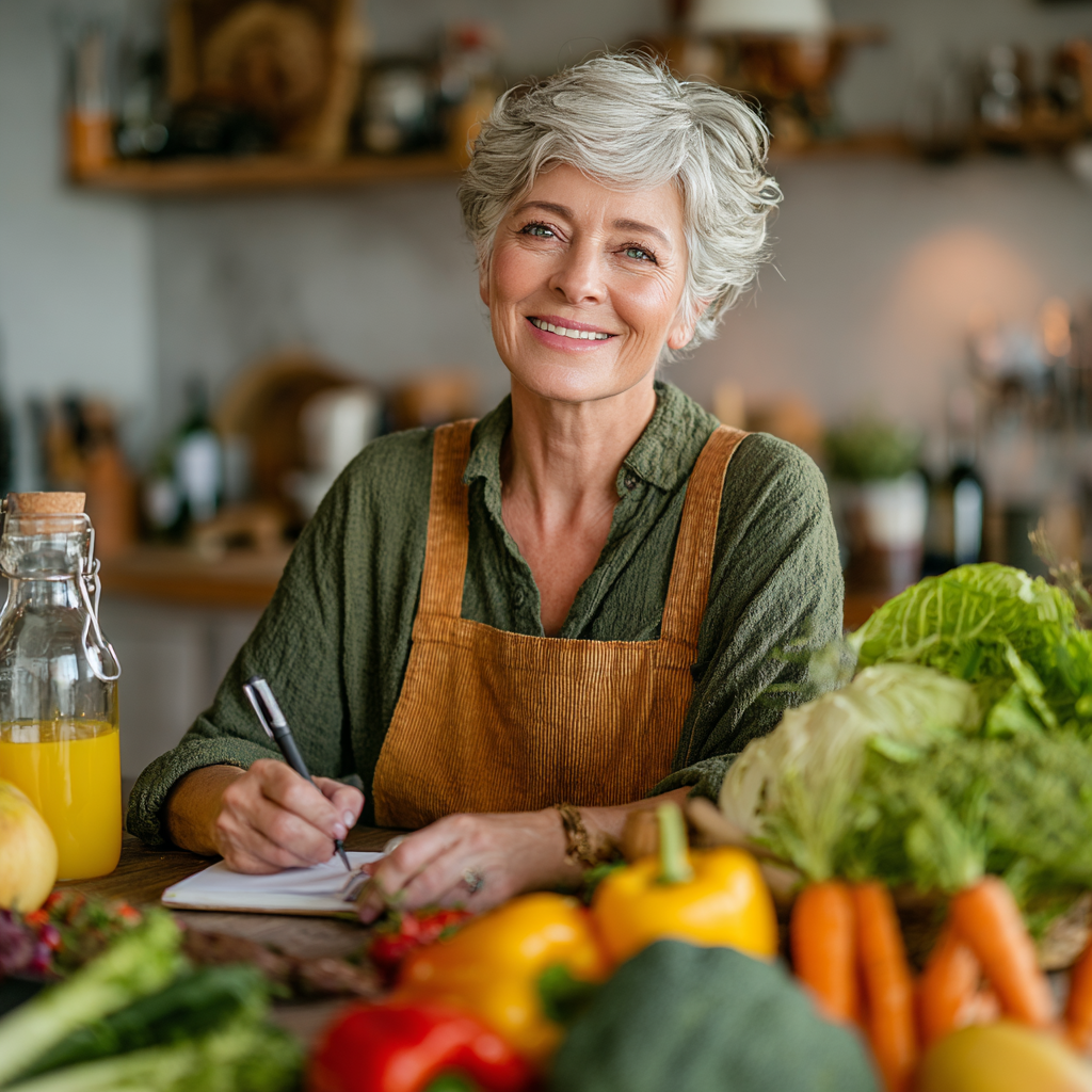 Жінка 58 років планує свій раціон за столом з різноманітними здоровими продуктами, усміхається та робить нотатки