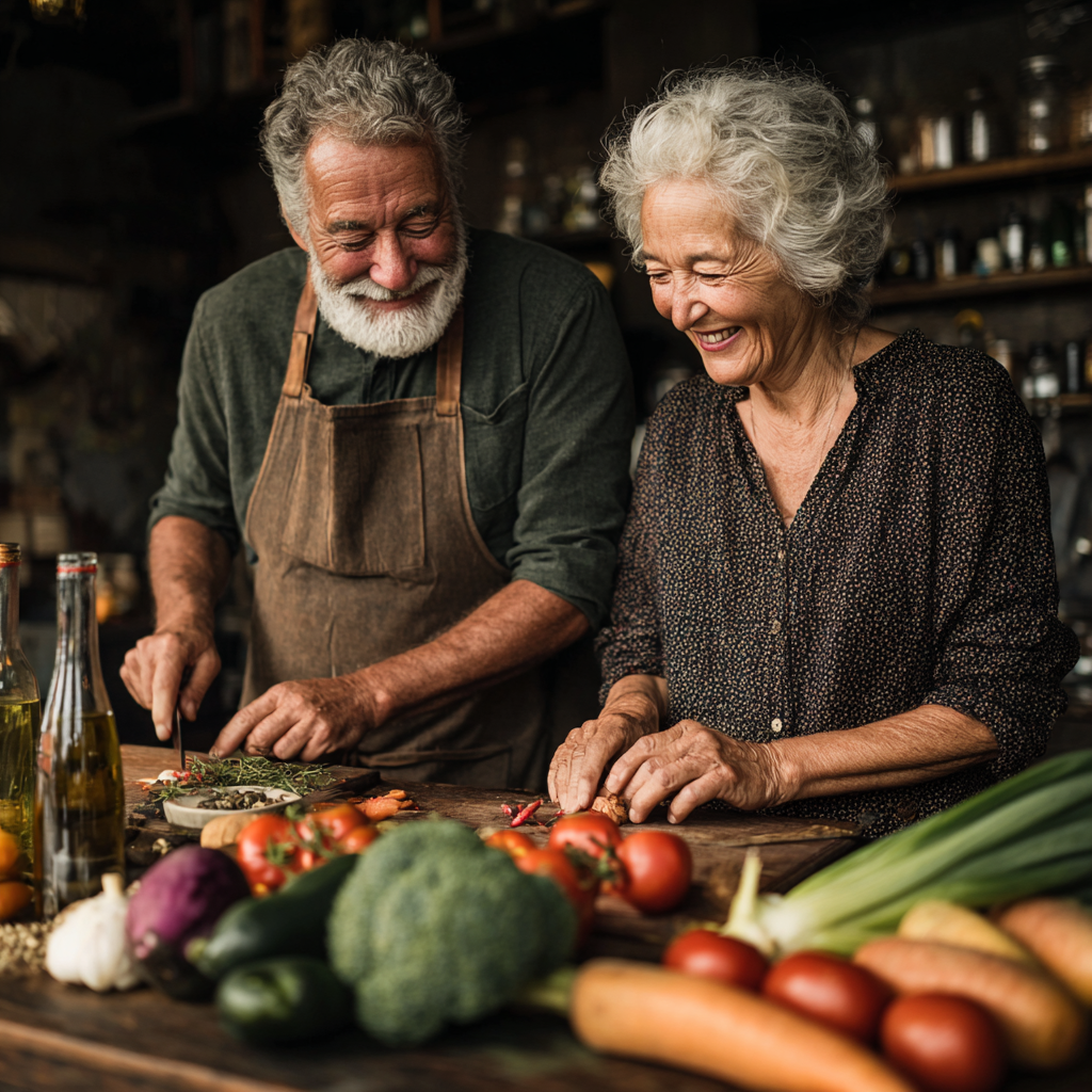 Сім'я з чоловіком та жінкою у віці 50+ років готують разом здорову їжу, усміхаються та насолоджуються процесом приготування