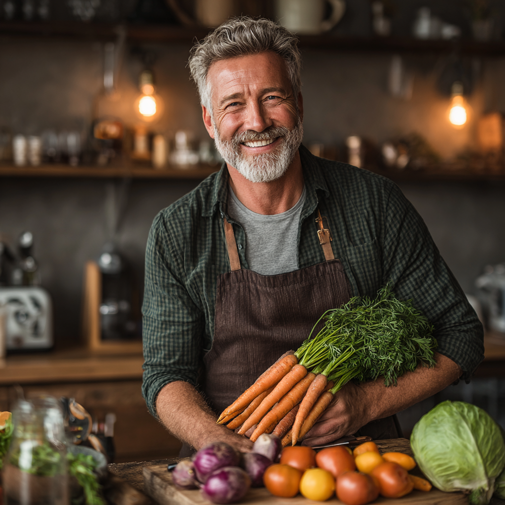Чоловік 55 років готує здорову їжу на кухні, усміхається та тримає свіжі овочі